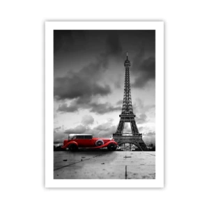 Poster - Ein rotes Auto vor dem Eiffelturm in Schwarz und Weiß - 50x70cm - Vor nicht allzu langer Zeit in Paris - Moderne Wanddekoration für Wohnzimmer und Schlafzimmer ARTTOR
