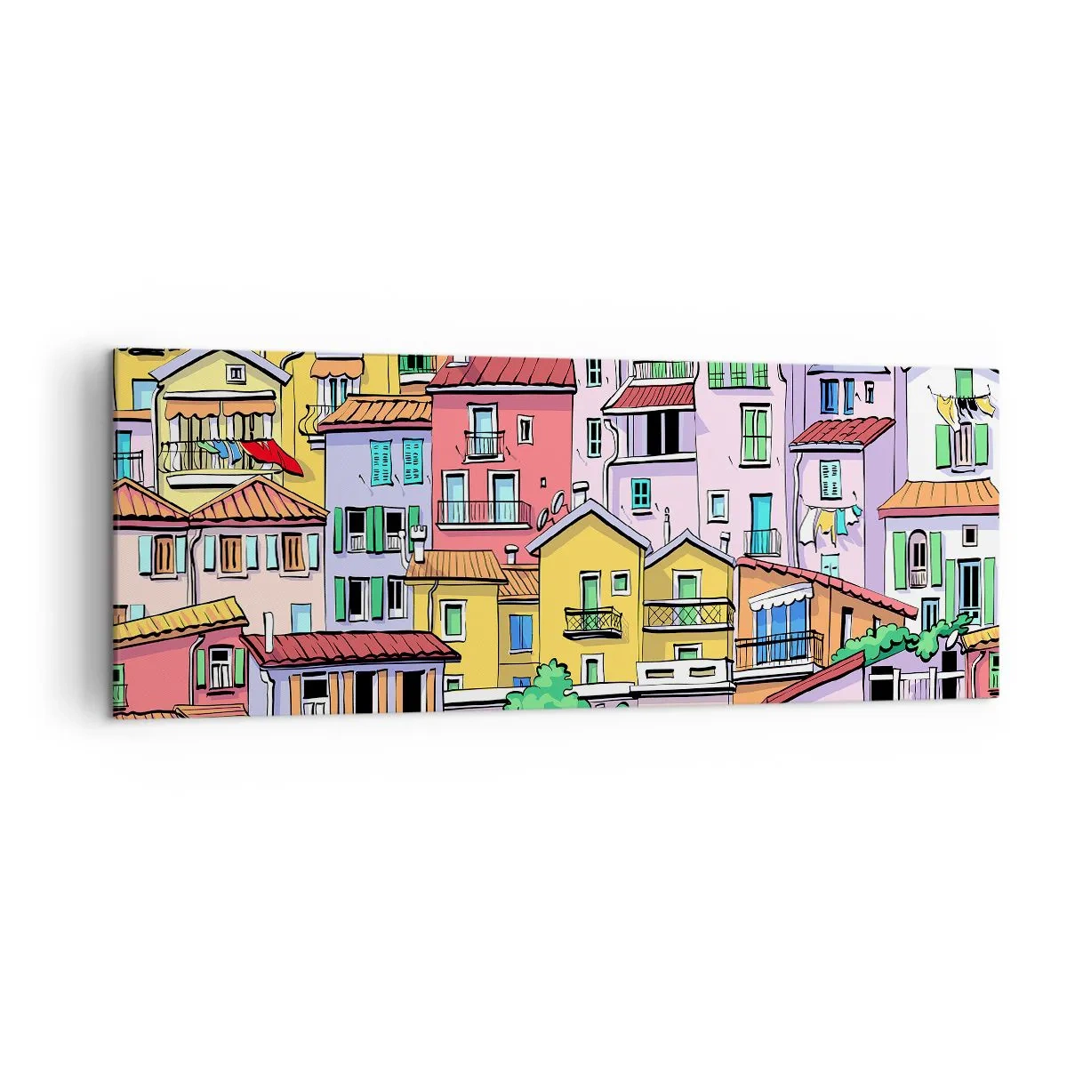 Bild auf Leinwand - Leinwandbild - Bunte Mietshäuser im lebendigen, fröhlichen Stil - 140x50cm - Lustige Stadt - Moderne Wanddekoration für Wohnzimmer und Schlafzimmer ARTTOR