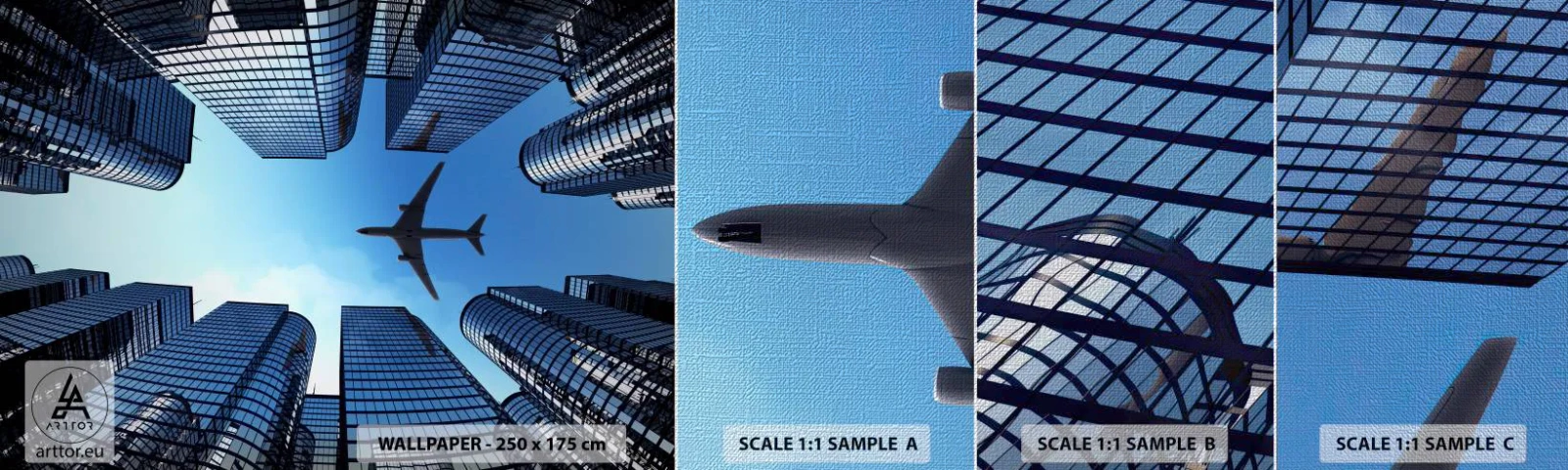 Fototapeten Muster Premium Canvas - Der Blick aus der Glasschlucht - Die Architektur, Flugzeug, Stadt - 100x30 cm