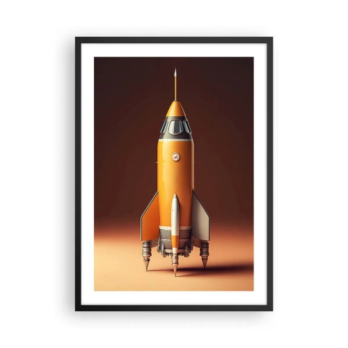 Poster in einem schwarzem Rahmen - Eine moderne Weltraumrakete vor einem Hintergrund in warmen Farben. - 50x70cm - Es beginnt mit einem Traum - Moderne Wanddekoration für Wohnzimmer und Schlafzimmer ARTTOR