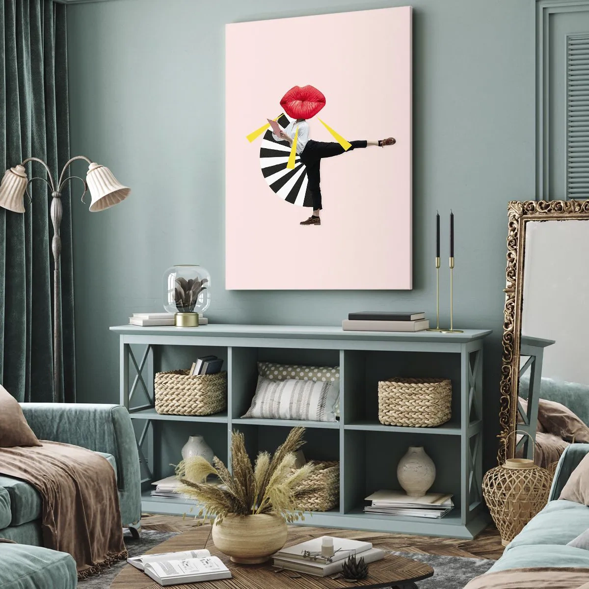 Bild auf Leinwand - Leinwandbild - Surrealistische Figur mit Mund und geometrischen Elementen - 80x120cm - Surreale Pop-Art - Moderne Wanddekoration für Wohnzimmer und Schlafzimmer ARTTOR
