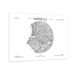 Glasbild - Bild auf glas - Schwarz-weißer Stadtplan von Marseille im modernen Stil - 70x50cm - Anatomie von Marseille - Moderne Wanddekoration für Wohnzimmer und Schlafzimmer ARTTOR