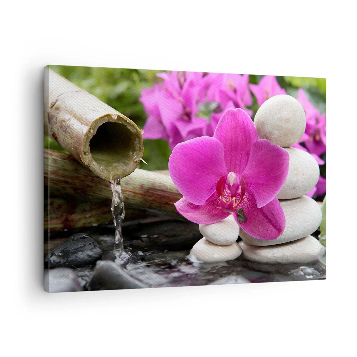 Bild auf Leinwand - Leinwandbild - Lila Orchidee, Steine und Bambus mit Wasser in einer entspannenden Umgebung - 70x50cm - Du ruhst dich schon aus - Moderne Wanddekoration für Wohnzimmer und Schlafzimmer ARTTOR