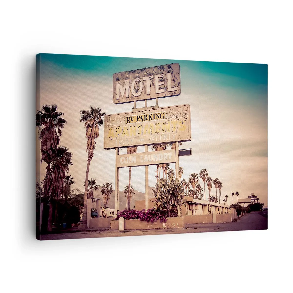 Bild auf Leinwand - Leinwandbild - Retro-Motelschild, umgeben von Palmen - 70x50cm - Hier ist die Zeit stehen geblieben - Moderne Wanddekoration für Wohnzimmer und Schlafzimmer ARTTOR