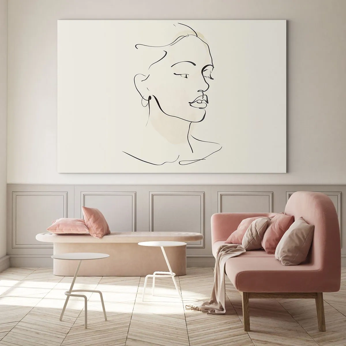 Glasbild - Bild auf glas - Ein lineares Frauenporträt vor hellem Hintergrund mit zarten Schatten. - 70x50cm - Eine bestimmte Linie - Moderne Wanddekoration für Wohnzimmer und Schlafzimmer ARTTOR