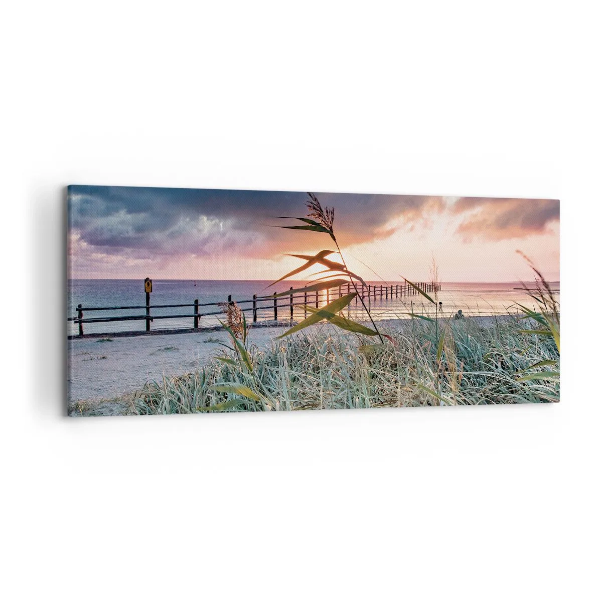 Bild auf Leinwand - Leinwandbild - Strand bei Sonnenuntergang mit Gräsern im Vordergrund - 120x50cm - Es vergeht nicht mit dem Wind - Moderne Wanddekoration für Wohnzimmer und Schlafzimmer ARTTOR