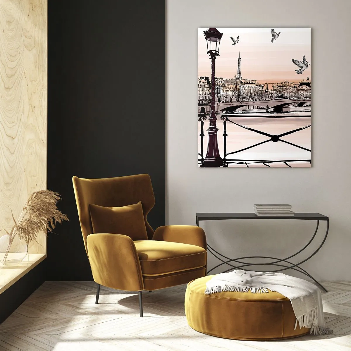 Glasbild - Bild auf glas - Illustration einer Pariser Straße mit Blick auf den Eiffelturm im Morgengrauen - 50x70cm - Über den Dächern von Paris - Moderne Wanddekoration für Wohnzimmer und Schlafzimmer ARTTOR