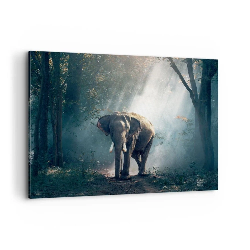 Bild auf Leinwand - Leinwandbild - Elefant im Waldlicht - 100x70cm - Ein gemütlicher Spaziergang - Moderne Wanddekoration für Wohnzimmer und Schlafzimmer ARTTOR