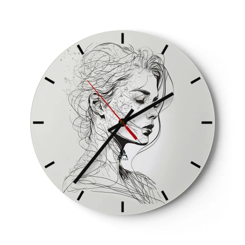 Wanduhr - Glasuhr - Schwarz-Weiß-Skizze des Gesichts einer Frau in Gedanken - 30x30cm - Porträt im Gedanken - Moderne Wanddekoration für Wohnzimmer, Küche und Schlafzimmer ARTTOR