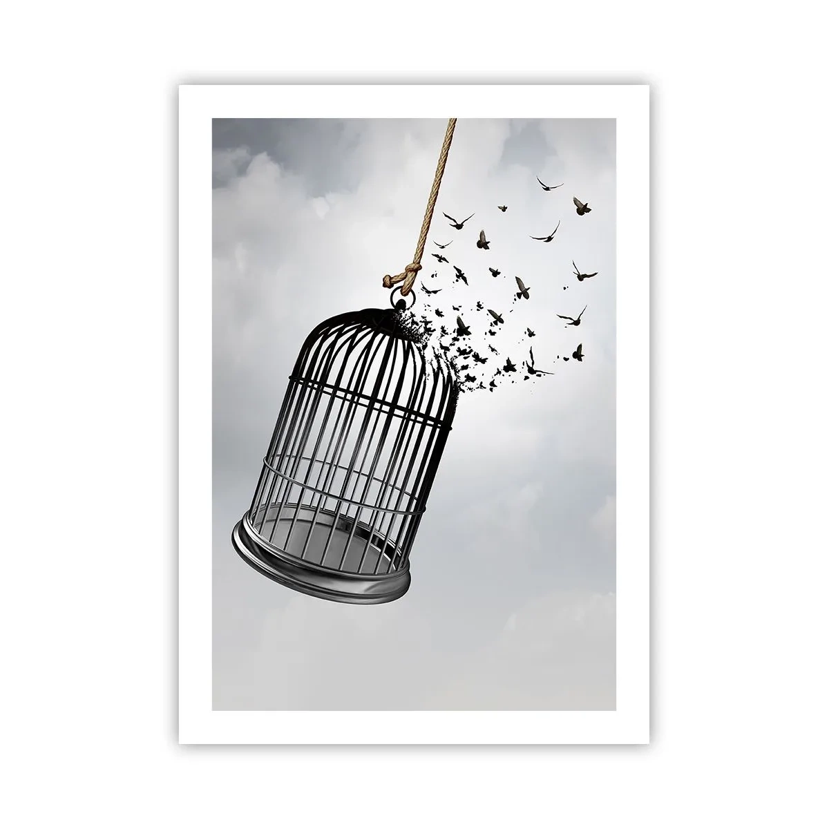 Poster - Vögel fliegen aus einem offenen Käfig vor einem Wolkenhintergrund - 50x70cm - Glaube ... Hoffnung ... Freiheit! - Moderne Wanddekoration für Wohnzimmer und Schlafzimmer ARTTOR