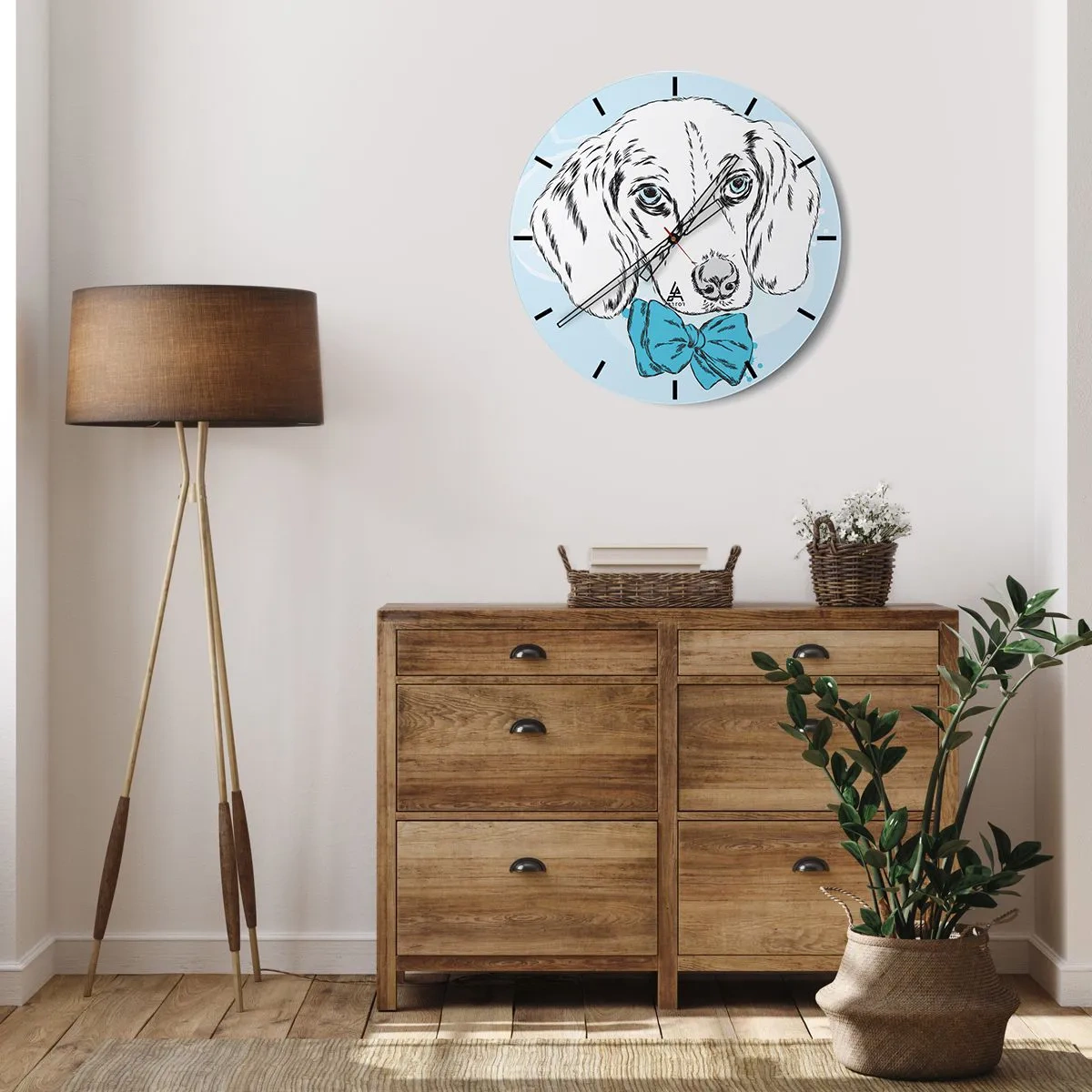 Wanduhr - Glasuhr - Künstlerische Zeichnung eines Hundes mit blauer Fliege auf hellem Hintergrund - 30x30cm - Hunde-Eleganz - Moderne Wanddekoration für Wohnzimmer, Küche und Schlafzimmer ARTTOR
