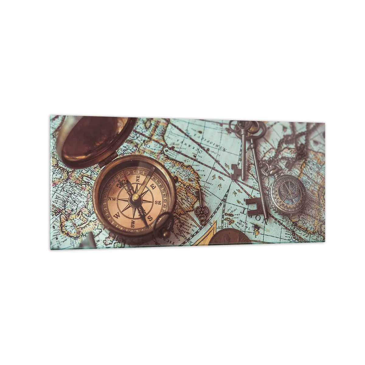 Glasbild - Bild auf glas - Komposition mit Kompass, Schlüsseln und einer alten Karte im Retro-Stil - 120x50cm - Für den Abenteurer - Moderne Wanddekoration für Wohnzimmer und Schlafzimmer ARTTOR