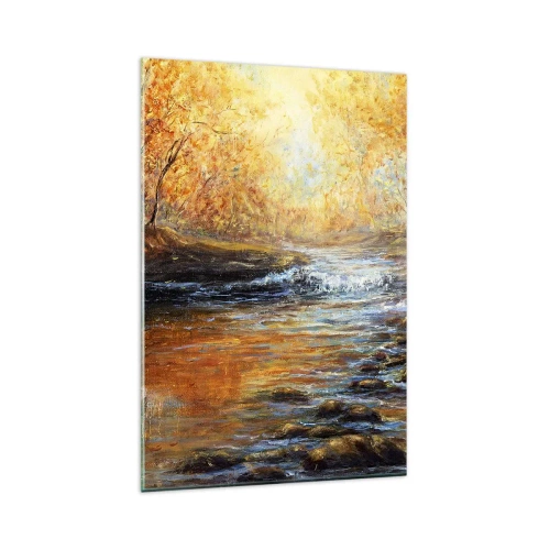 Glasbild - Bild auf glas - Herbstlandschaft mit einem Fluss zwischen den Bäumen - 80x120cm - Der goldene Strom - Moderne Wanddekoration für Wohnzimmer und Schlafzimmer ARTTOR