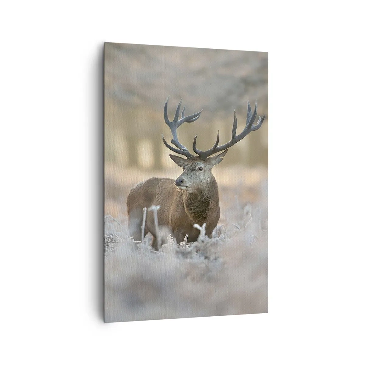 Bild auf Leinwand - Leinwandbild - Ein Reh auf einer frostigen Lichtung in einem Winterwald mit dezenten Farben - 80x120cm - Ein flotter Morgen - Moderne Wanddekoration für Wohnzimmer und Schlafzimmer ARTTOR