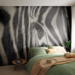 Fototapete Premium Sand - Nahaufnahme eines Zebraauges mit schwarzen und weißen Streifen - 100x70cm - Gestreiftes Porträt - Moderne Wanddekoration für Wohnzimmer und Schlafzimmer ARTTOR