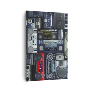 Bild auf Leinwand - Leinwandbild - Eine Collage aus Retro-Tonbandgeräten und Vintage-Lautsprechern. - 80x120cm - Sehnsucht nach den 1980er Jahren - Moderne Wanddekoration für Wohnzimmer und Schlafzimmer ARTTOR