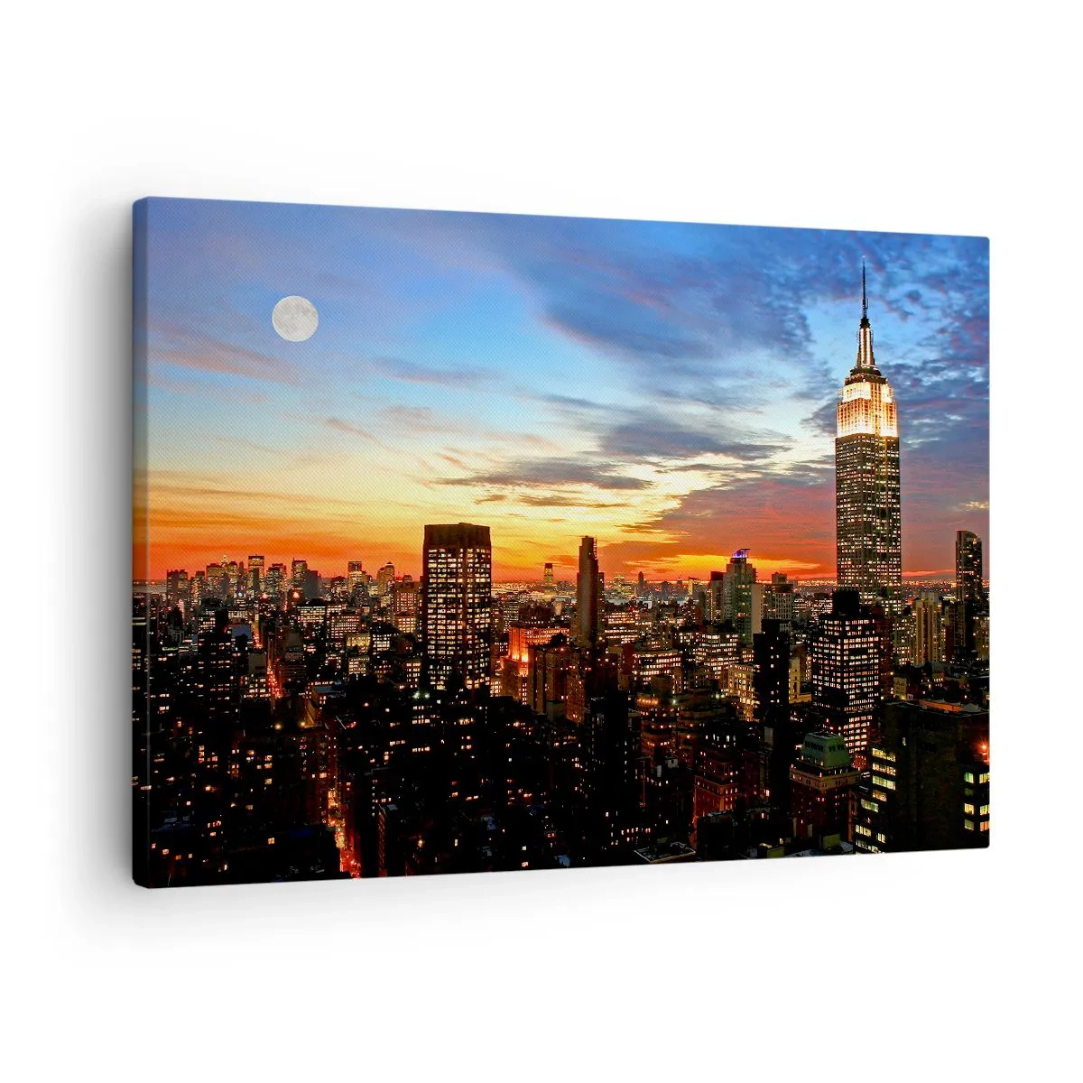 Bild auf Leinwand - Leinwandbild - Stadtpanorama mit beleuchteten Wolkenkratzern in der Abenddämmerung - 70x50cm - Leuchtende amerikanische Nacht - Moderne Wanddekoration für Wohnzimmer und Schlafzimmer ARTTOR
