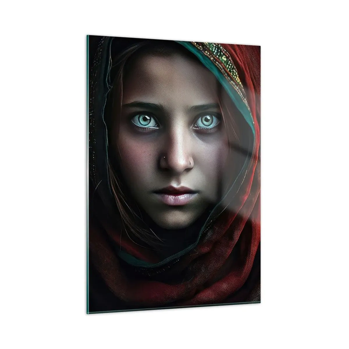 Glasbild - Bild auf glas - Porträt einer Frau mit rotem Schal vor dunklem Hintergrund - 50x70cm - Prinzessin aus dem Osten - Moderne Wanddekoration für Wohnzimmer und Schlafzimmer ARTTOR