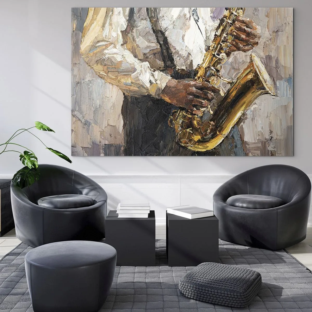 Glasbild - Bild auf glas - Ein Saxophon spielender Musiker, gemalt in Impasto-Technik - 70x50cm - Zeit fürs Solo - Moderne Wanddekoration für Wohnzimmer und Schlafzimmer ARTTOR