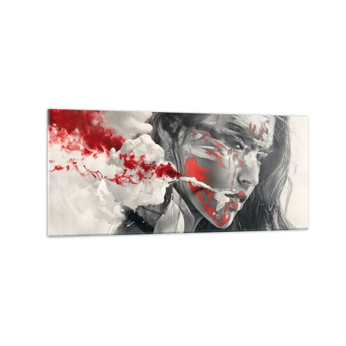 Glasbild - Bild auf glas - Künstlerisches Frauenportrait mit abstrakten roten Akzenten - 120x50cm - Im Dunst der Absurdität - Moderne Wanddekoration für Wohnzimmer und Schlafzimmer ARTTOR