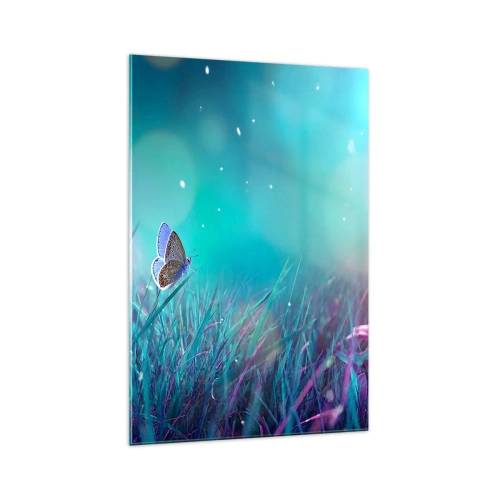 Glasbild - Bild auf glas - Ein Schmetterling auf dem Gras im Licht verschwommener Reflexionen - 70x100cm - Das geheime Leben der Wiese - Moderne Wanddekoration für Wohnzimmer und Schlafzimmer ARTTOR