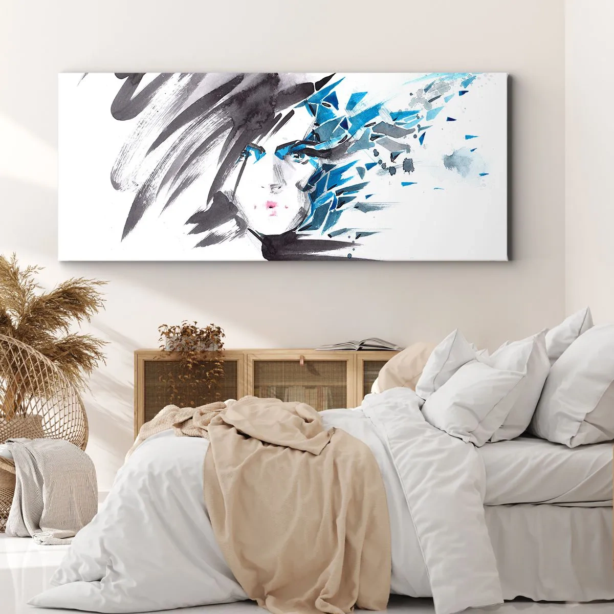 Bild auf Leinwand - Leinwandbild - Künstlerische Aquarell-Gesichtsbemalung mit blauen Akzenten - 120x50cm - Sinnliches Portrait in Grau und Blau - Moderne Wanddekoration für Wohnzimmer und Schlafzimmer ARTTOR