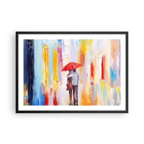 Poster in einem schwarzem Rahmen - Ein Paar unter einem roten Regenschirm mit bunten Gebäuden im Hintergrund. - 70x50cm - Lass es weiter regnen - Moderne Wanddekoration für Wohnzimmer und Schlafzimmer ARTTOR