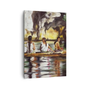 Bild auf Leinwand - Leinwandbild - Frauen in einem Boot auf einem ruhigen Fluss mit malerischer Kulisse - 70x100cm - In einem polynesischen Paradies - Moderne Wanddekoration für Wohnzimmer und Schlafzimmer ARTTOR