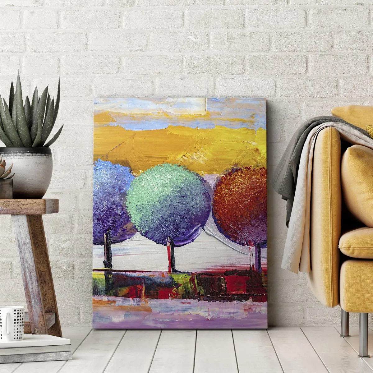 Bild auf Leinwand - Leinwandbild - Drei bunte Bäume auf abstraktem Hintergrund - 80x120cm - Aller guten Dinge sind drei - Moderne Wanddekoration für Wohnzimmer und Schlafzimmer ARTTOR