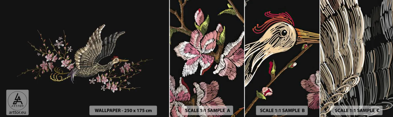 Fototapetenmuster Standard Eco - Exotischer gestickter Vogel - Vogel, Grafik, Blumen - 100x30 cm