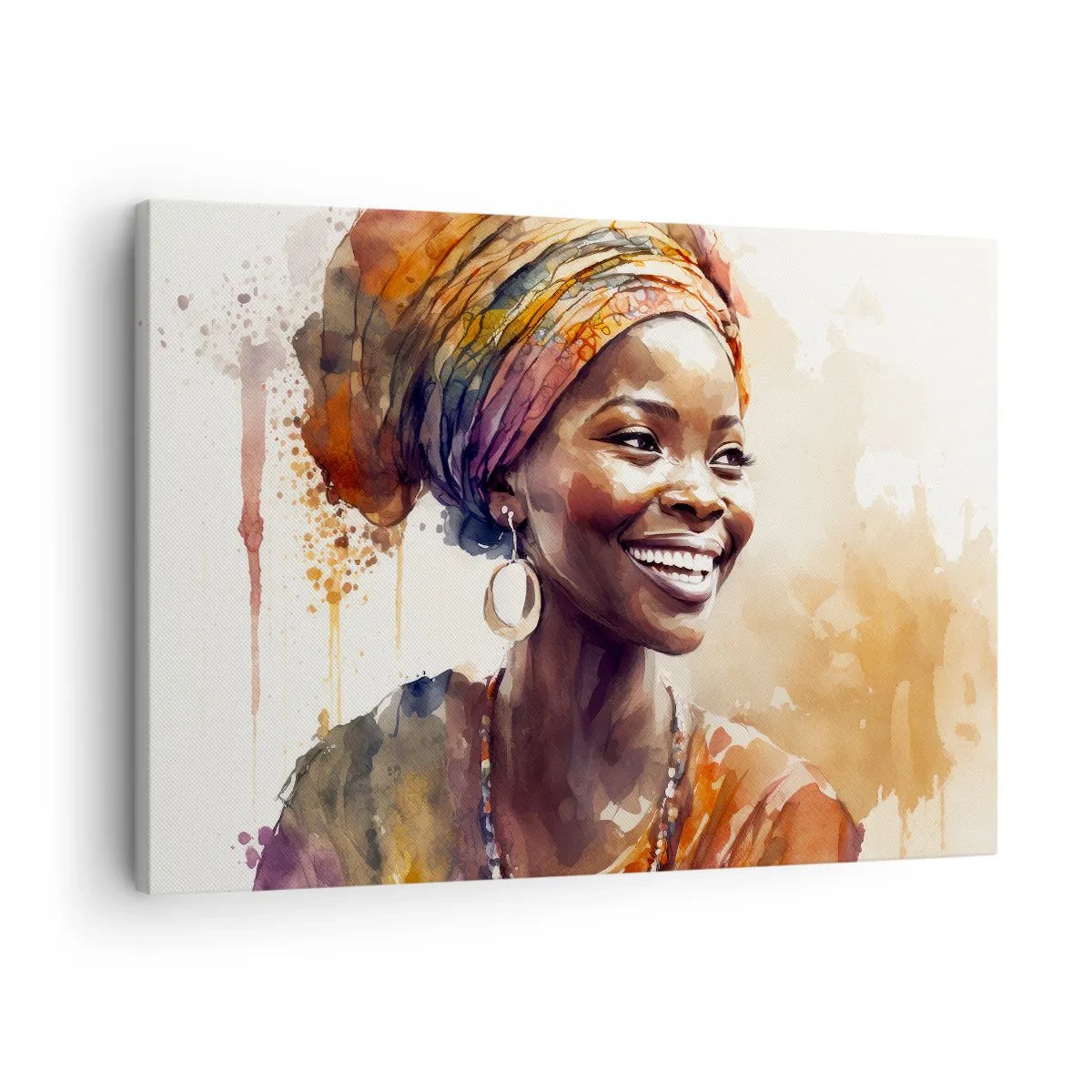 Bild auf Leinwand - Leinwandbild - Porträt einer lächelnden Frau mit buntem Schal in Aquarell - 70x50cm - Afrikanische Königin - Moderne Wanddekoration für Wohnzimmer und Schlafzimmer ARTTOR