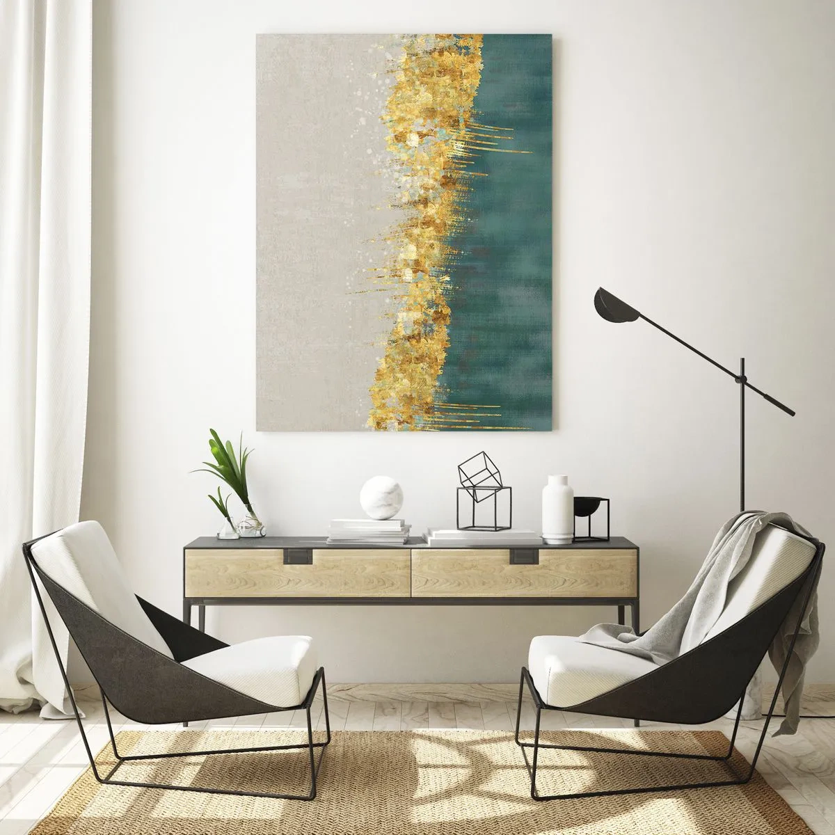 Glasbild - Bild auf glas - Goldene Akzente auf grün-beigem Untergrund - 80x120cm - Goldener Rand - Moderne Wanddekoration für Wohnzimmer und Schlafzimmer ARTTOR