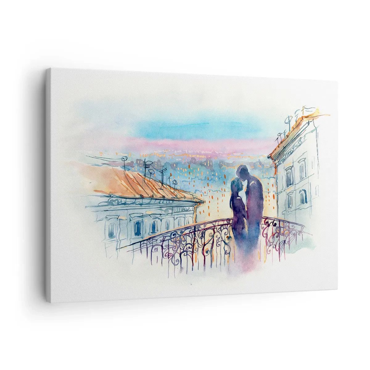 Bild auf Leinwand - Leinwandbild - Romantisches Paar auf einem Balkon mit Blick auf die Stadt - 70x50cm - Paris-Liebhaber - Moderne Wanddekoration für Wohnzimmer und Schlafzimmer ARTTOR