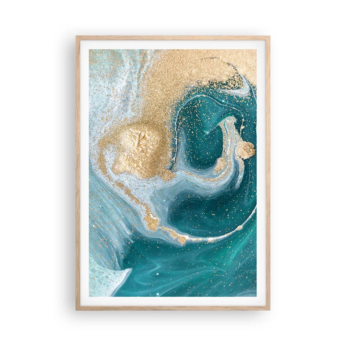Poster in einem Rahmen aus heller Eiche - Ein Strudel aus Gold und Türkis - 70x100 cm