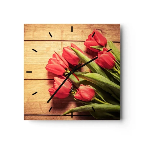 Wanduhr - Glasuhr - Ein Strauß rosa Tulpen auf einem hölzernen Hintergrund - 30x30cm - Frühlingsgeständnis - Moderne Wanddekoration für Wohnzimmer und Schlafzimmer ARTTOR