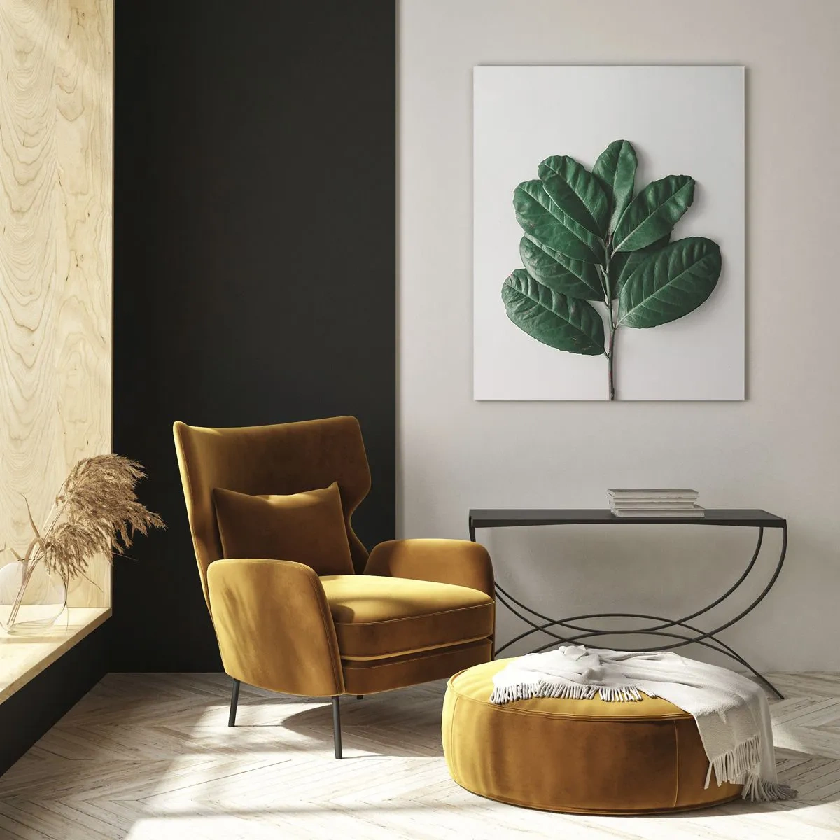 Glasbild - Bild auf glas - Ein Zweig grüner Blätter auf hellem Hintergrund - 80x120cm - Eine Zeichnung purer Natur - Moderne Wanddekoration für Wohnzimmer und Schlafzimmer ARTTOR