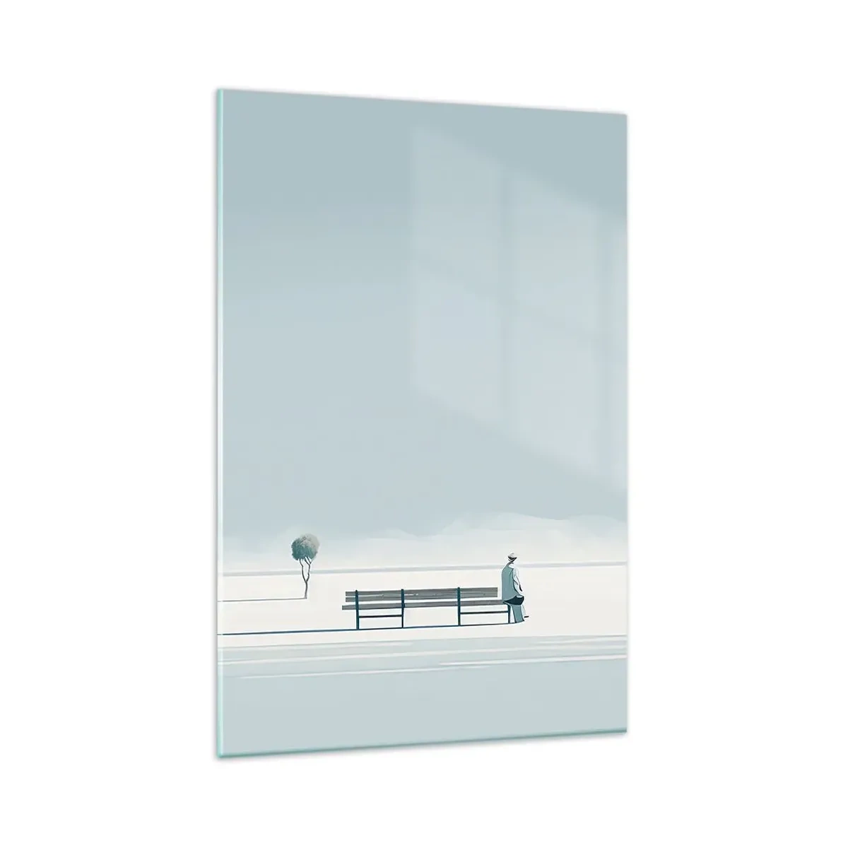 Glasbild - Bild auf glas - Eine Person, die auf einer Bank in einer minimalistischen Landschaft sitzt - 80x120cm - Ja, ich warte. - Moderne Wanddekoration für Wohnzimmer und Schlafzimmer ARTTOR