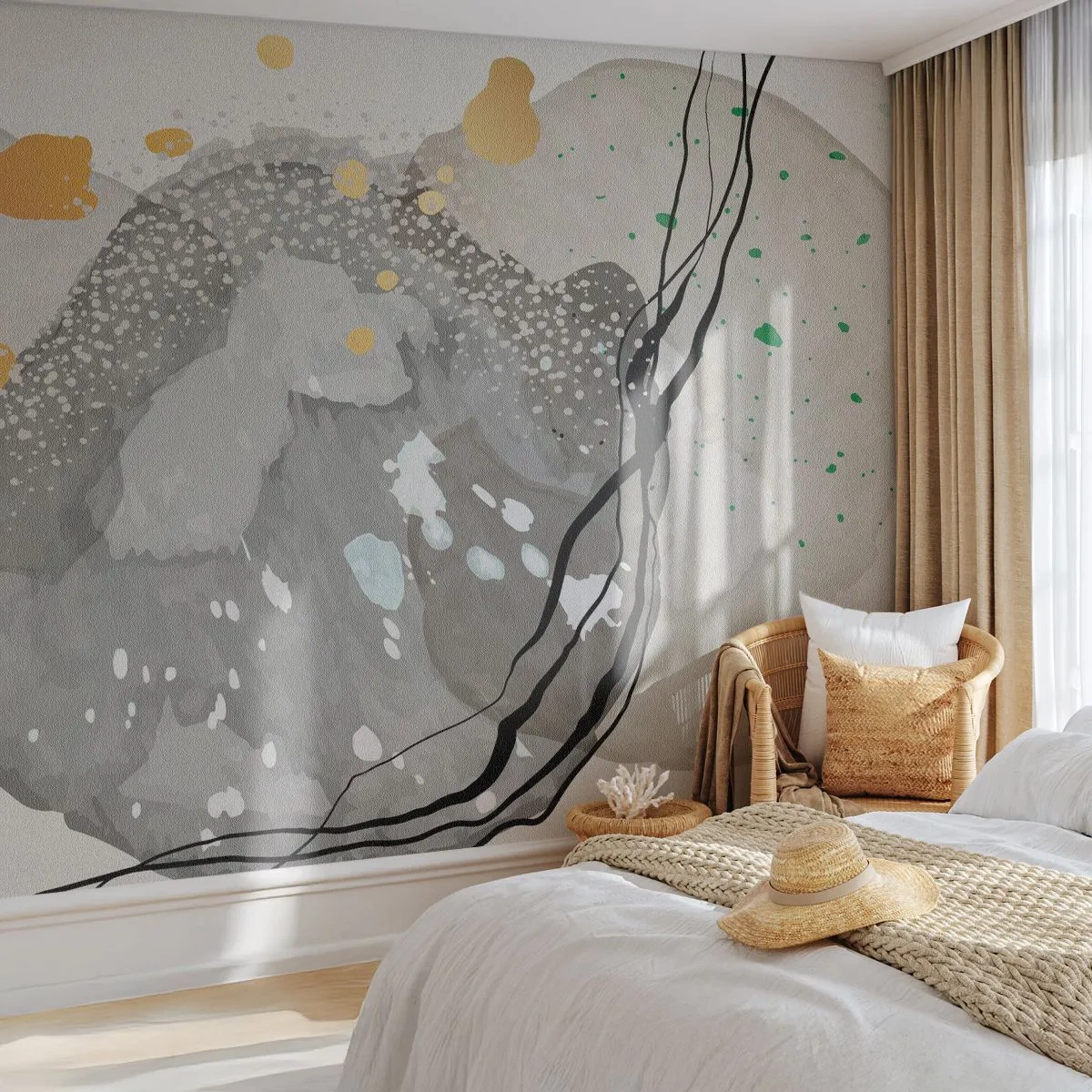 Fototapete Standard Eco - Organische Abstraktion mit Punkten und Linien in neutralen Farben. - 100x70cm - Organische Komposition - Moderne Wanddekoration für Wohnzimmer und Schlafzimmer ARTTOR