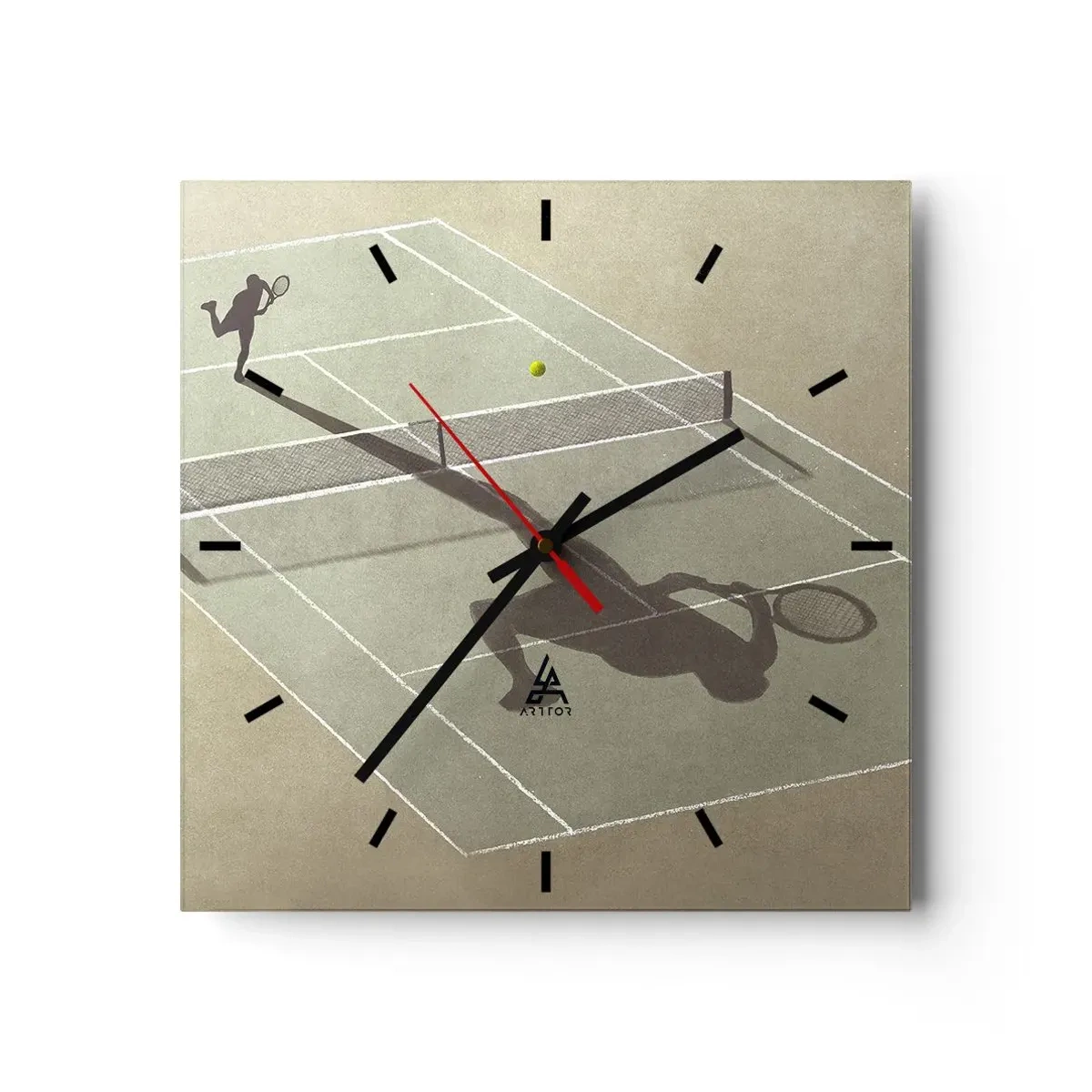 Wanduhr - Glasuhr - Der Schatten eines Tennisspielers auf dem Platz während eines Tennisspiels - 30x30cm - Überwinde dich selbst - Moderne Wanddekoration für Wohnzimmer und Schlafzimmer ARTTOR