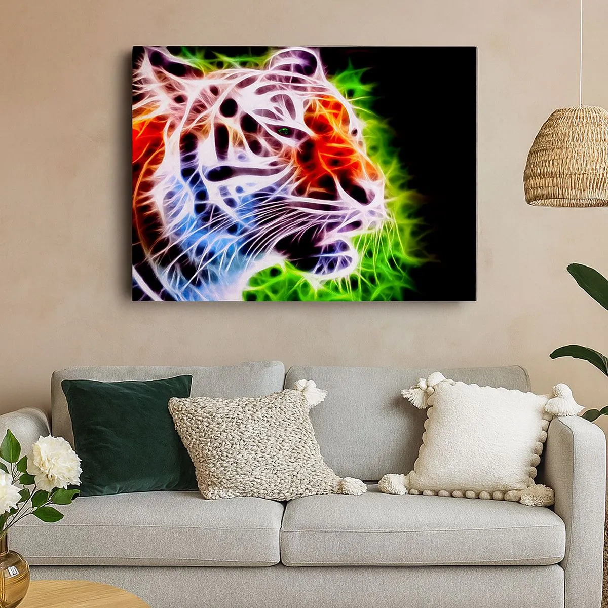 Bild auf Leinwand - Leinwandbild - Farbenfrohes künstlerisches Porträt eines Tigers im Neonstil auf schwarzem Hintergrund. - 70x50cm - Schreckliche Aura - Moderne Wanddekoration für Wohnzimmer und Schlafzimmer ARTTOR