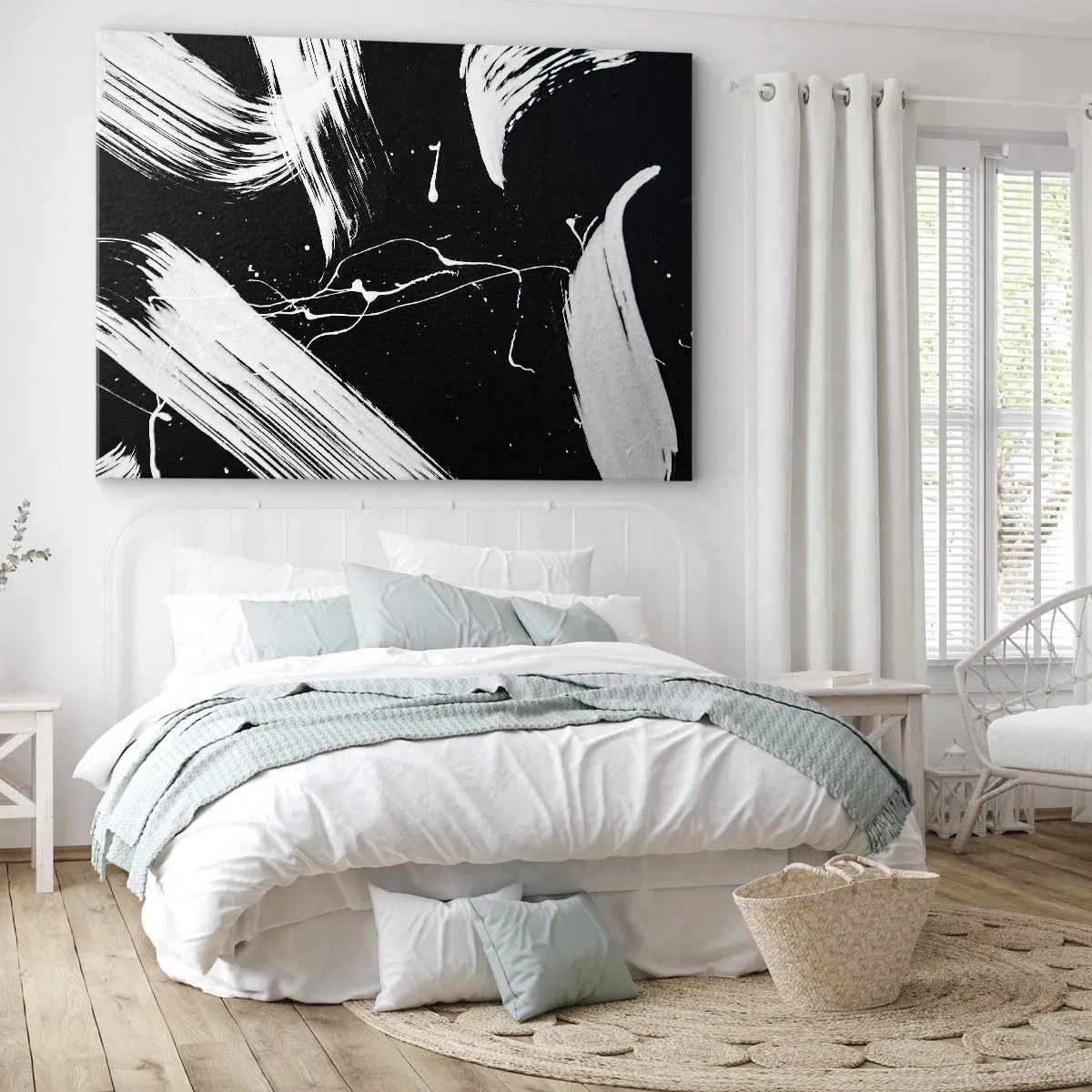 Bild auf Leinwand - Leinwandbild - Abstrakte weiße Striche auf schwarzem Hintergrund - 70x50cm - Dunkelheit durchbrechen - Moderne Wanddekoration für Wohnzimmer und Schlafzimmer ARTTOR