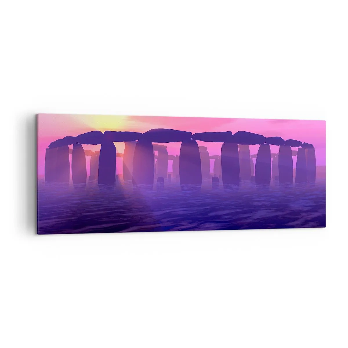 Bild auf Leinwand - Leinwandbild - Steinkreis bei Sonnenuntergang mit violettem Himmel - 140x50cm - Geheimnis im Morgengrauen im Nebel - Moderne Wanddekoration für Wohnzimmer und Schlafzimmer ARTTOR