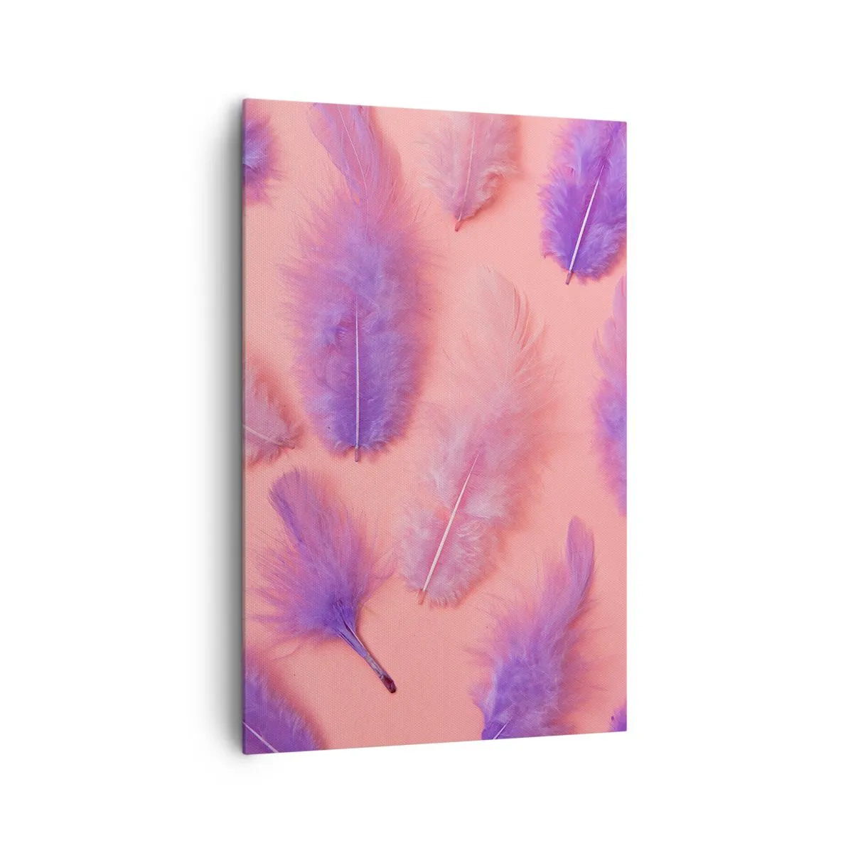 Bild auf Leinwand - Leinwandbild - Lila und rosa Federn auf pastellfarbenem Hintergrund - 80x120cm - Lila Vogel der Begierde - Moderne Wanddekoration für Wohnzimmer und Schlafzimmer ARTTOR