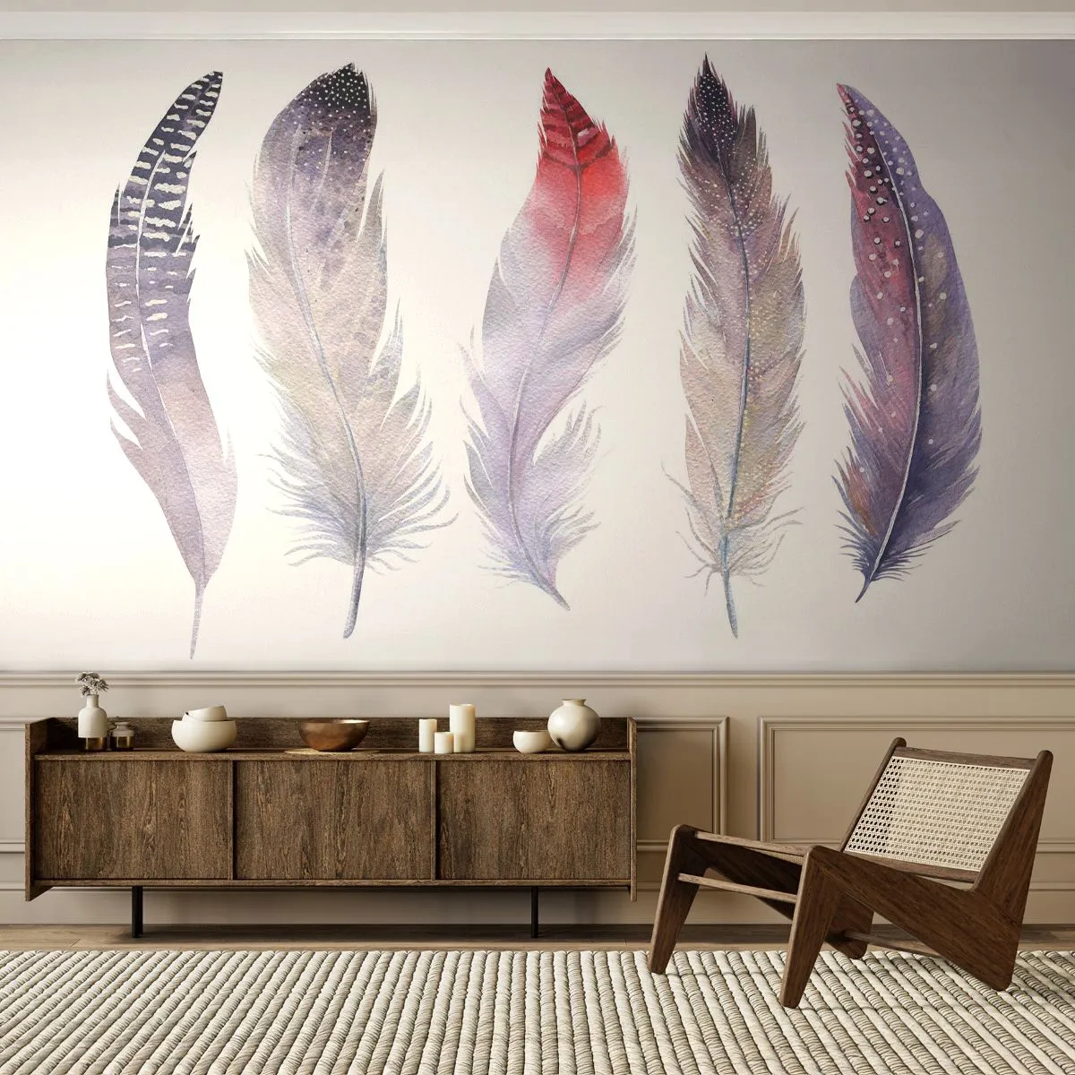 Fototapete Premium Sand - Aquarellfedern in dezenten Farbtönen - 100x70cm - Zart wie mehrfarbiger Nebel - Moderne Wanddekoration für Wohnzimmer und Schlafzimmer ARTTOR