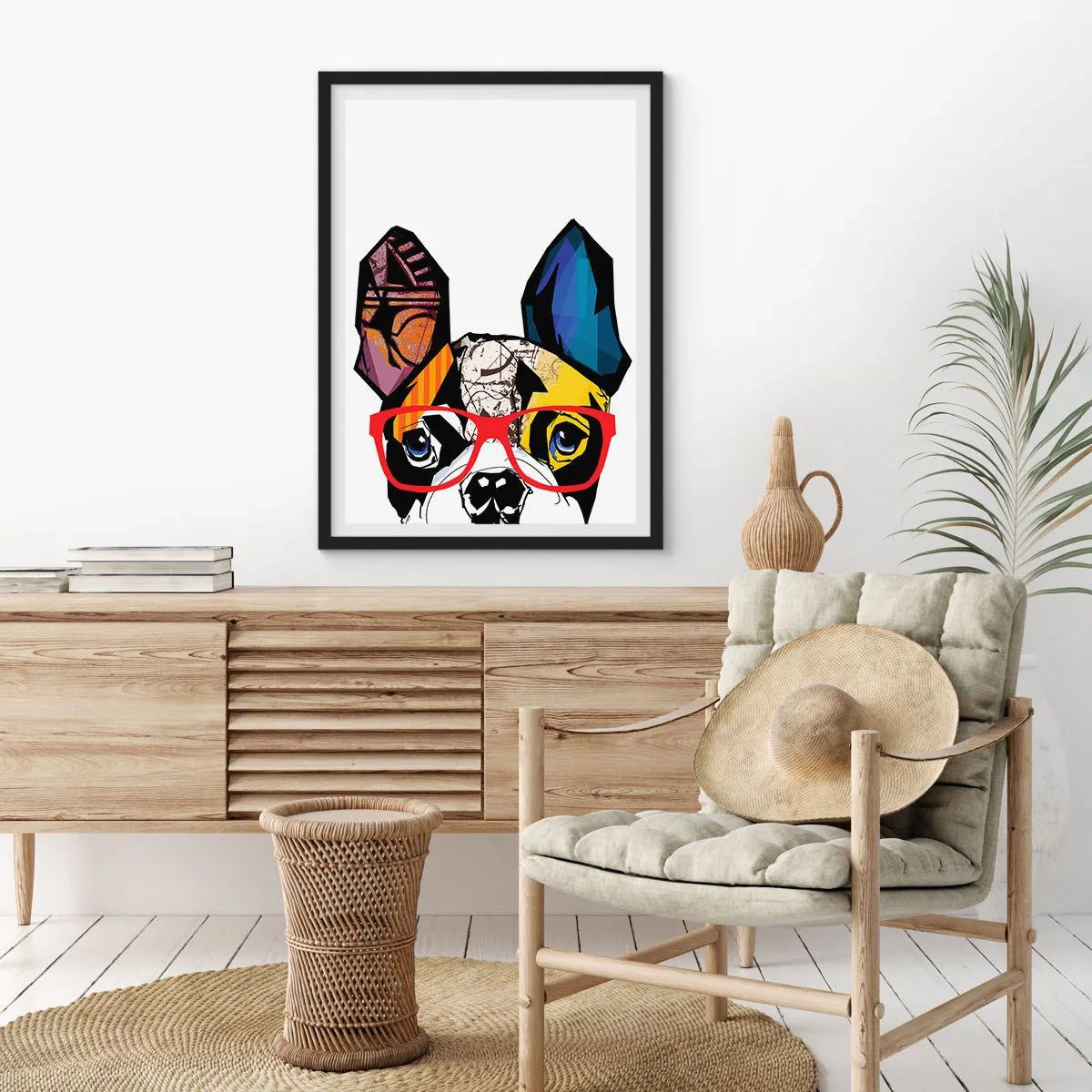 Poster in einem schwarzem Rahmen - Buntes Porträt eines Hundes mit Brille - 50x70cm - Intellektuelle - Moderne Wanddekoration für Wohnzimmer und Schlafzimmer ARTTOR
