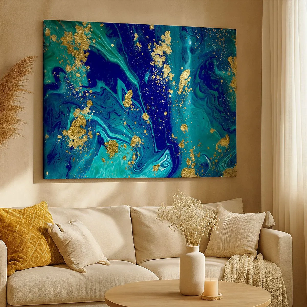 Bild auf Leinwand - Leinwandbild - Eine abstrakte Komposition mit blauen, grünen und goldenen Akzenten. - 70x50cm - Die Blütenblätter der Sonne - Moderne Wanddekoration für Wohnzimmer und Schlafzimmer ARTTOR