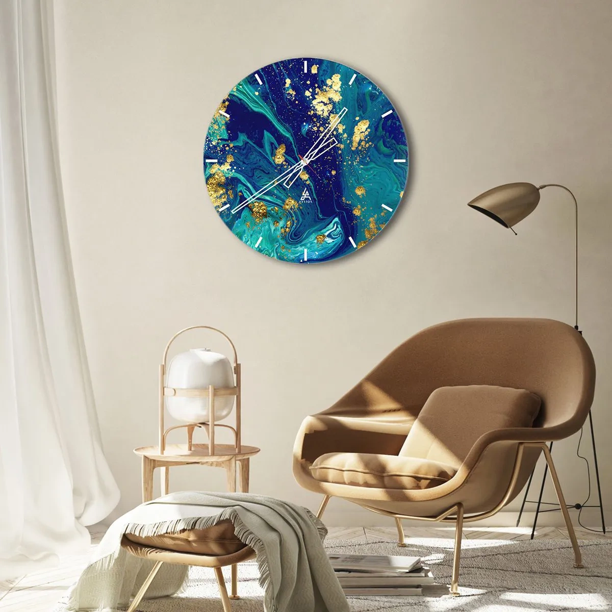 Wanduhr - Glasuhr - Goldflocken auf abstraktem blau-türkisem Hintergrund - 30x30cm - Die Blütenblätter der Sonne - Moderne Wanddekoration für Wohnzimmer, Küche und Schlafzimmer ARTTOR