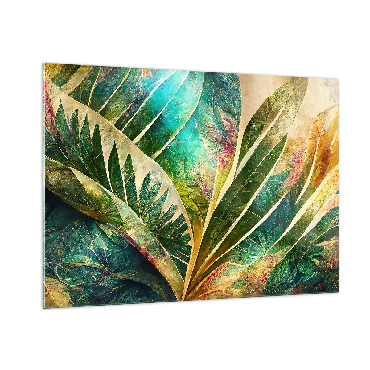 Glasbild - Bild auf glas - Bunte Blätter mit tropischem Flair - 100x70cm - Farben der Tropen - Moderne Wanddekoration für Wohnzimmer und Schlafzimmer ARTTOR