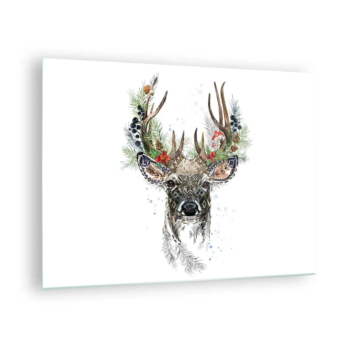 Glasbild - Bild auf glas - Porträt eines Hirsches mit Weihnachtsschmuck, Zweigen und Beeren - 70x50cm - Im festlichen Gewand - Moderne Wanddekoration für Wohnzimmer und Schlafzimmer ARTTOR