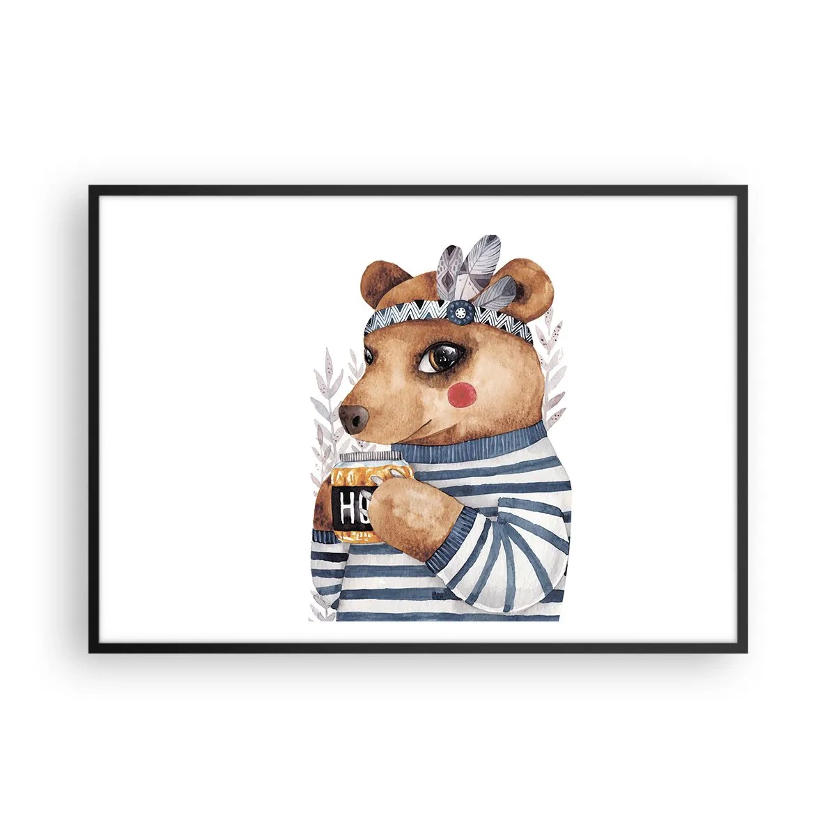 Poster in einem schwarzem Rahmen - Ein Teddybär im gestreiften Pullover mit einer Tasse Honig - 100x70cm - Süße Bärin - Moderne Wanddekoration für Wohnzimmer und Schlafzimmer ARTTOR